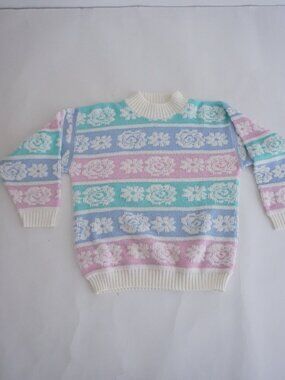 Vintage Pastel Floral Garden Stripe Sparkle Mock Neck Ribbed Knit Sweater M